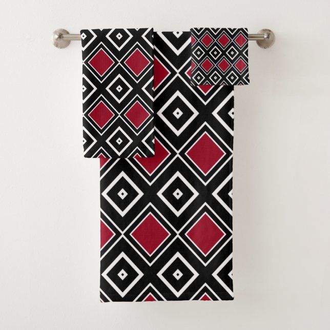 Modernes geometrisches Muster aus schwarz und rot Badhandtuch Set (Insitu)