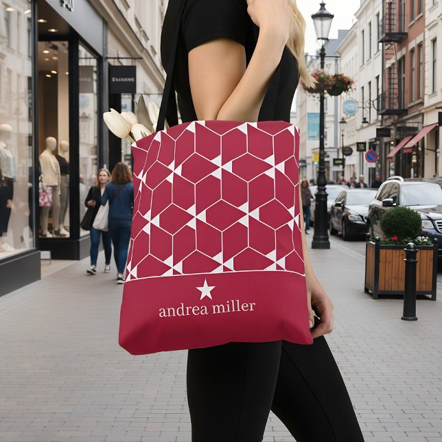 Modernes geometrisches Muster mit Stern Monogram Tasche (red shopping tote bag)