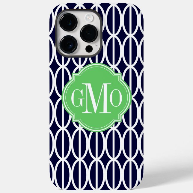 Modernes geometrisches Navy White Muster Monogram Case-Mate iPhone Hülle (Rückseite)