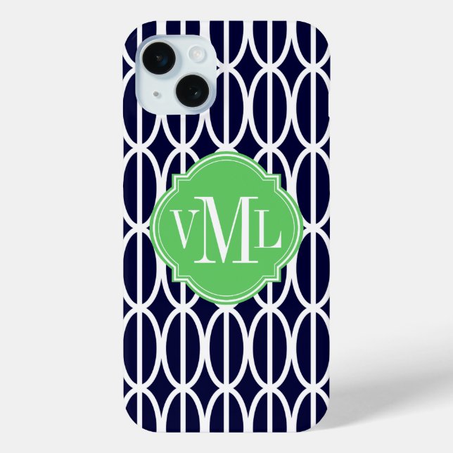 Modernes geometrisches Navy White Muster Monogram iPhone 15 Mini Hülle (Rückseite)