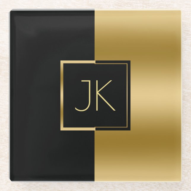 Modernes geometrisches Schwarz-Gold-Monogramm Glasuntersetzer (Vorderseite)