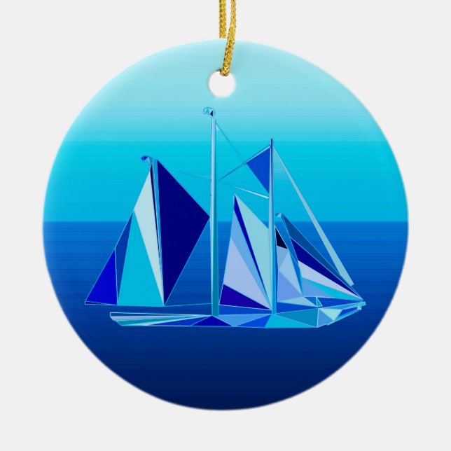 Modernes geometrisches Segelboot / Yacht, Cobalt B Keramik Ornament (Vorne)