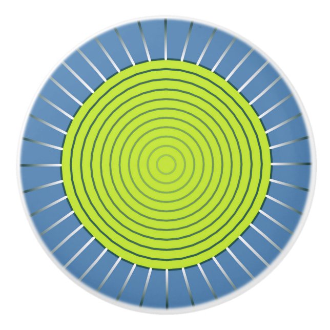 Modernes geometrisches Sunburst - Limon und Denim  Keramikknauf (Vorderseite)