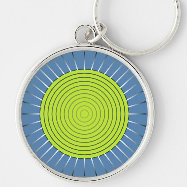 Modernes geometrisches Sunburst - Limon und Denim  Schlüsselanhänger (Vorne)