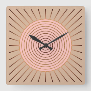 Modernes geometrisches Sunburst - Peach and Tan Quadratische Wanduhr