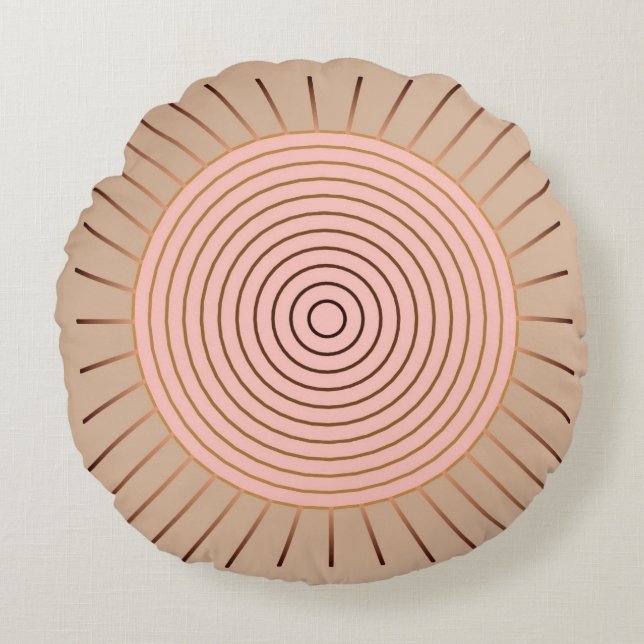 Modernes geometrisches Sunburst - Peach and Tan Rundes Kissen (Vorderseite)