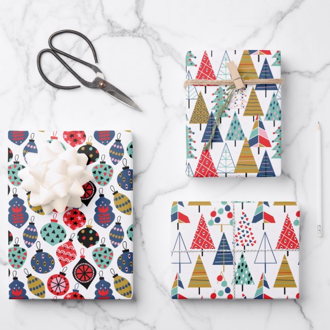 Modernes geometrisches Weihnachtsmuster Set von Re Geschenkpapier Set (Vorderseite)