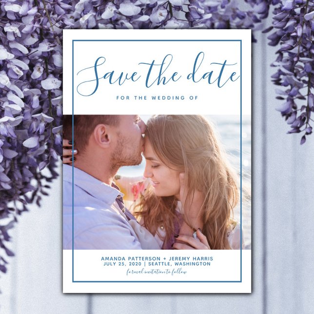Modernes Gerahmtes Foto Save the Date einladen | B (Blue Modern Framed Photo Save the Date)