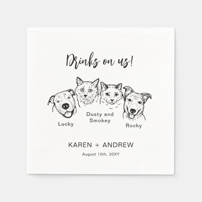 Modernes Getränk auf mir 4 Haustiere Hund Hochzeit Serviette (Vorderseite)