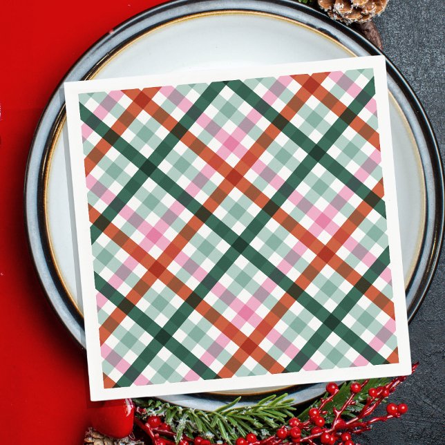 Modernes Gingham Holiday Dinner Napkins Paper Napk Serviette (Holiday Gingham dinner napkins in green, red and pink colors for Christmas Party. Modern plaid.)