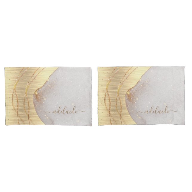 Modernes Girl Gold Glitzer Script Monogram Name Kissenbezug (Vorderseite-Set)