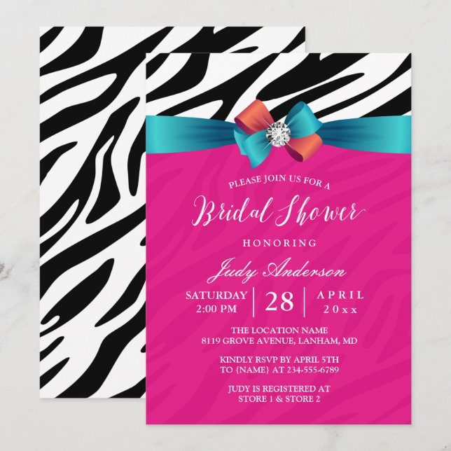 Modernes Girl Pink Zebra Print Ribbon Brautparty Einladung (Vorne/Hinten)