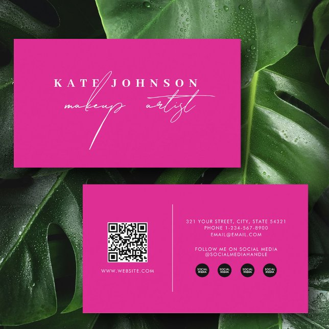 Modernes Girl Script QR Code Social Media Pink Visitenkarte (Modern Girly Script QR Code Social Media Pink Business Card)