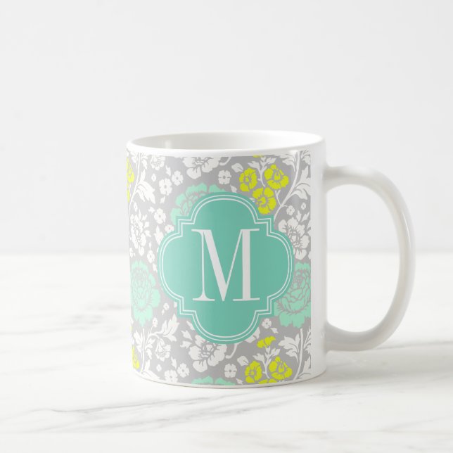 Modernes Girly Blumenaqua-Gelb-graues Kaffeetasse (Rechts)