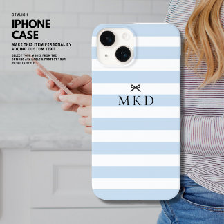Modernes Girly Hübsch Blue Stripe Black Bow Monogr Case-Mate iPhone 14 Hülle