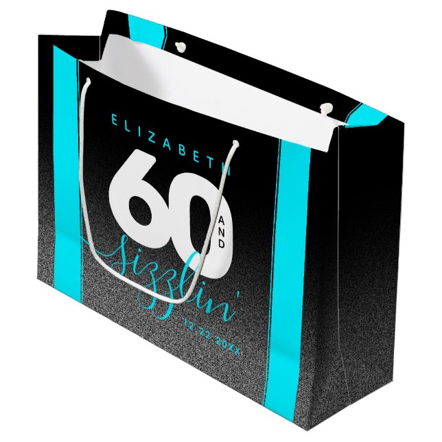 Modernes Girly Ice Blue 60 und Sizzling Große Geschenktüte (Vorderseite Schrägansicht)