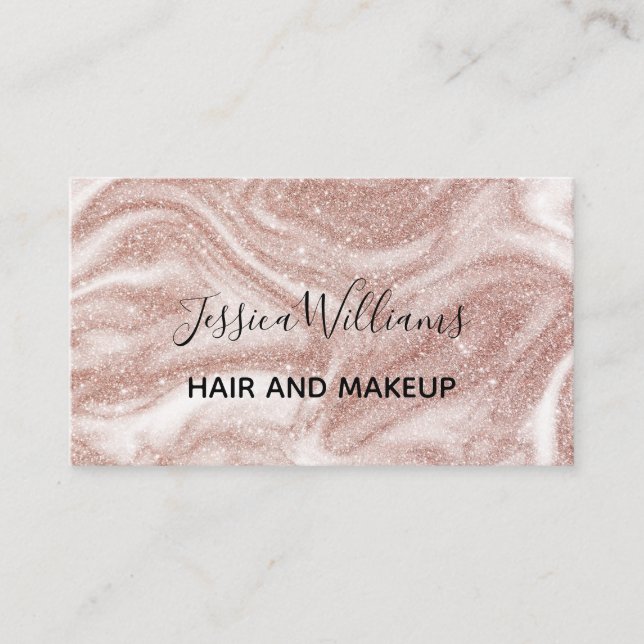 Modernes Girly Rose Gold Glitzer Marmorhaar Makeup Visitenkarte (Vorderseite)