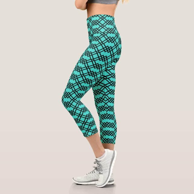 Modernes Gitter Geometrisches Schwarz/Bright Türki Capri Leggings (Links)