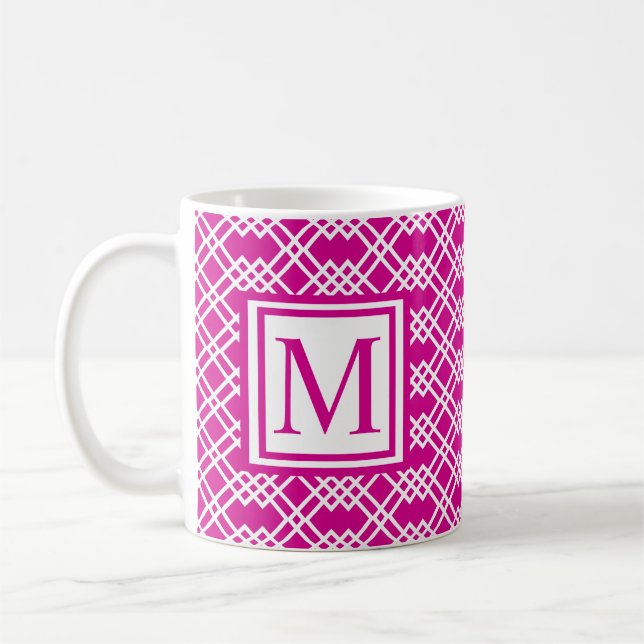Modernes Gittergeometrisches Monogramm Himbeerrosa Kaffeetasse (Links)