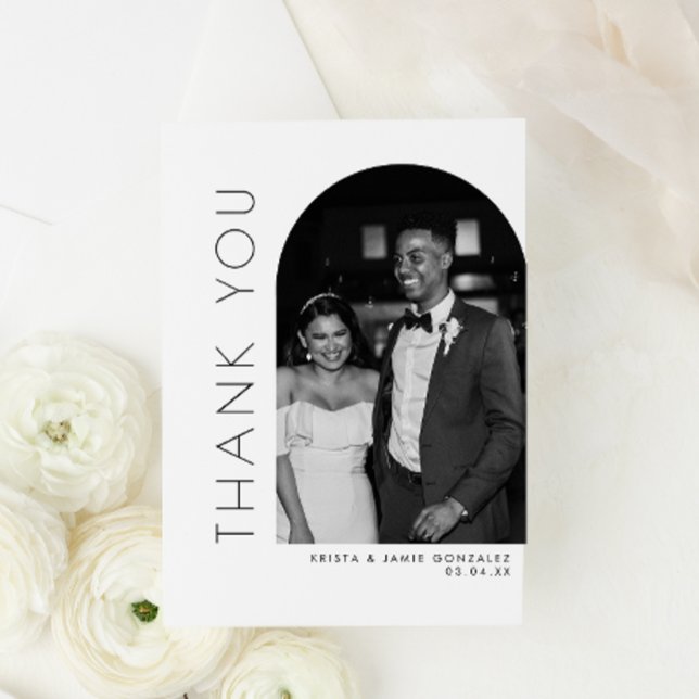 Modernes Glam Black & White Arch Foto Hochzeit Dankeskarte (Von Creator hochgeladen)