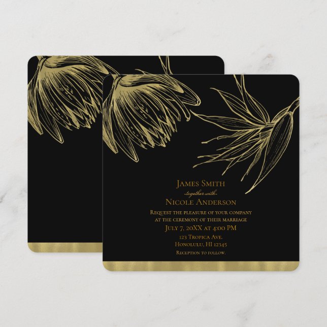 Modernes Glam Gold & Black Tropical Botanical Flor Einladung (Vorne/Hinten)