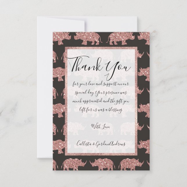 Modernes Glam Rose Gold Glitzer gestreift Rhinos Dankeskarte (Vorderseite)