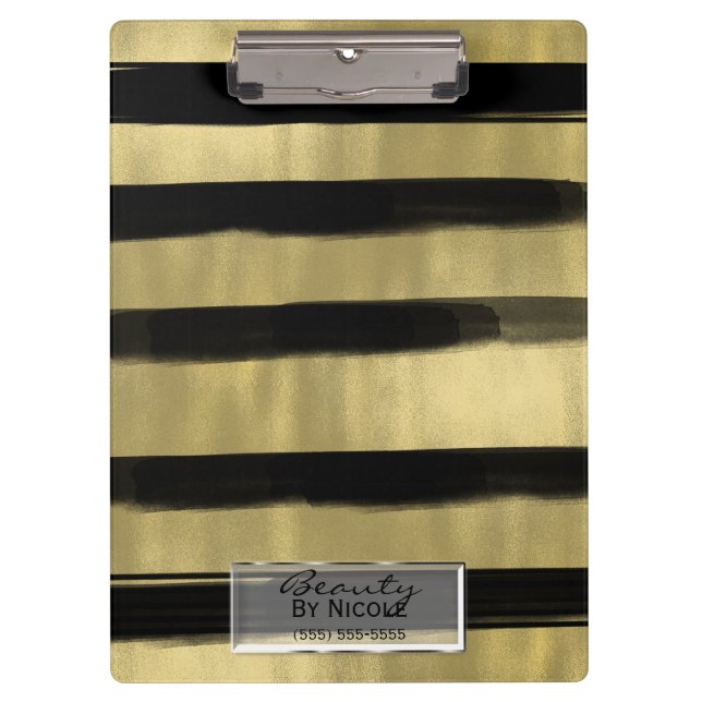 Modernes Glam Schwarz & Gold Pinselstriche Stricks Klemmbrett (Vorderseite)