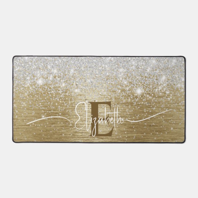 Modernes Glitzer-Monogramm aus vergoldetem Metall Schreibtischunterlage (Vorderseite)