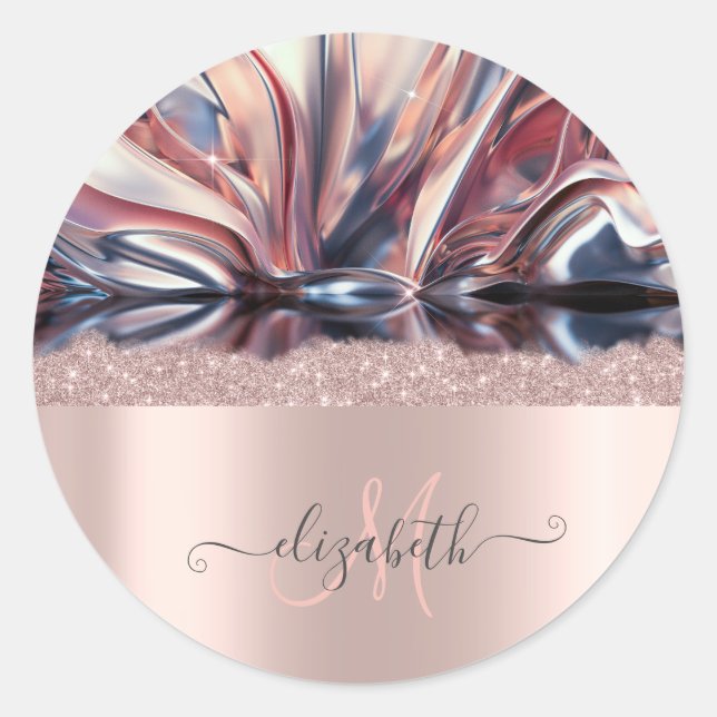 Modernes Glitzer Rose Gold Monogram Abstrakt Runder Aufkleber (Vorderseite)