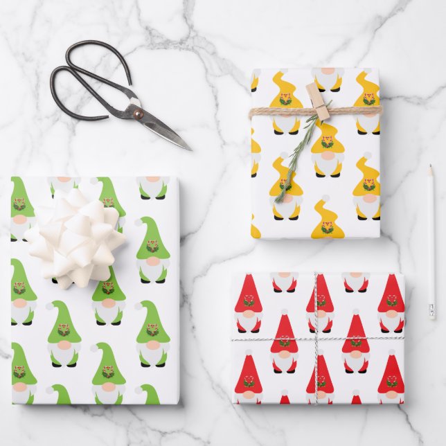 Modernes Gnome Muster Set Candy Cane Herzspass Geschenkpapier Set (Vorderseite)