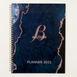 Modernes Gold-Agate-Monogramm der Navy-Rose Planer<br><div class="desc">Ein modernes,  marinöses und Rose Gold-Age-Design ist die Kulisse für diesen eleganten Planer. Ihr Monogramm in einem stilvollen Kalligraphie-Schriftart ist das Herzstück dieses schicken Designs. Fügen Sie dem Planer Ihren Namen hinzu und machen Sie ihn einzigartig.</div>