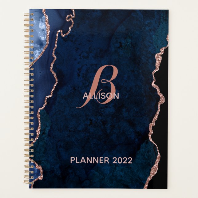 Modernes Gold-Agate-Monogramm der Navy-Rose Planer (Vorderseite)