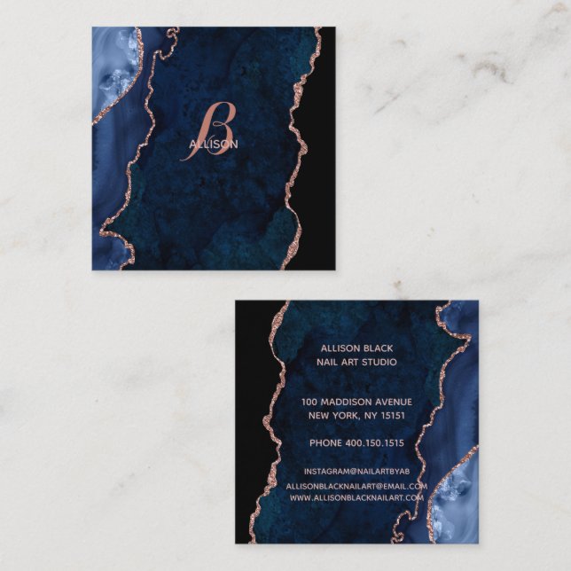 Modernes Gold-Agate-Monogramm der Navy-Rose Quadratische Visitenkarte (Vorne/Hinten)