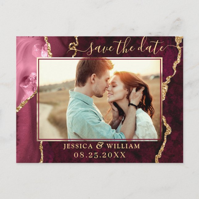 Modernes Gold Blue Agate FOTO Save the Date Ankündigungspostkarte (Vorderseite)