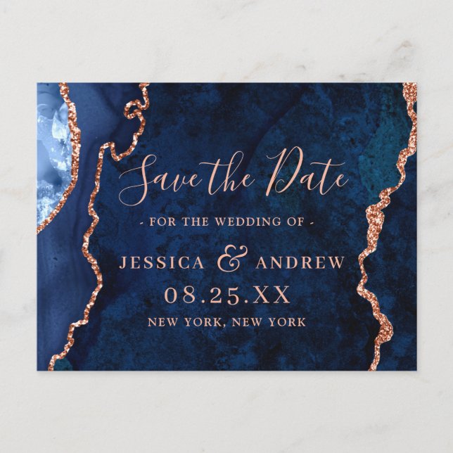 Modernes Gold Blue Agate Wedding rettet das Datum Postkarte (Vorderseite)