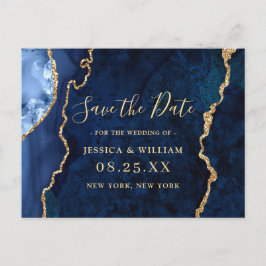 Modernes Gold Blue Agate Wedding rettet das Datum Postkarte