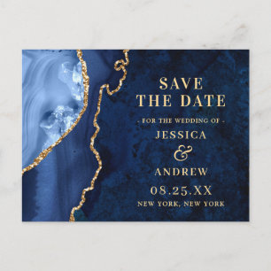 Modernes Gold Blue Agate Wedding rettet das Datum Postkarte