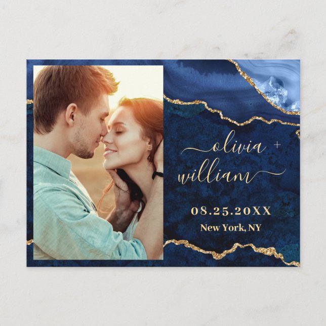 Modernes Gold Blue Marble Agate FOTO Save the Date Postkarte (Vorderseite)