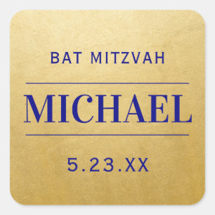 Modernes Gold & Blue Mitzvah Geburtstag Name Gefal Quadratischer Aufkleber