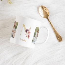 Modernes Gold Blume Letter N | Monogramm für zwei Kaffeetasse