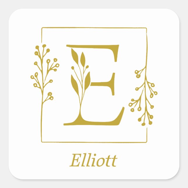 Modernes Gold Botanic Letter E Square Sticker (Vorderseite)