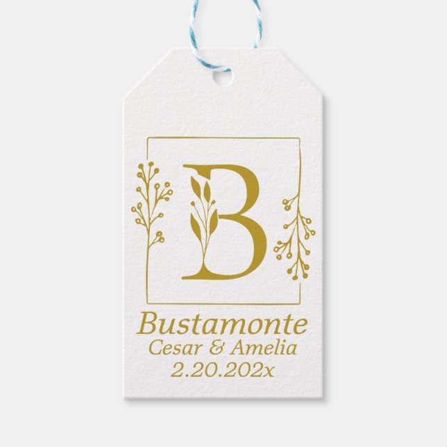 Modernes Gold Botanischer Brief B Geschenkanhänger (Vorderseite)