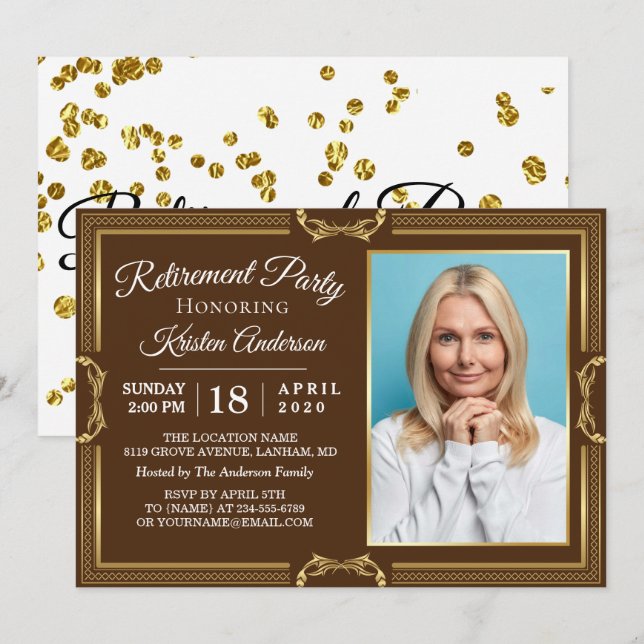 Modernes Gold Brown Foto Retirement Party Einladung (Vorne/Hinten)