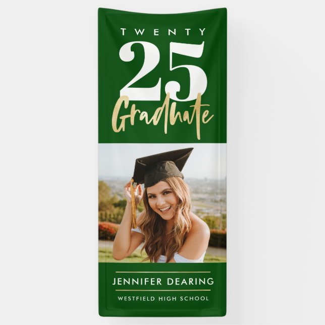 Modernes Gold Calligraphy Foto Green Abschluss Banner (Vertikal)