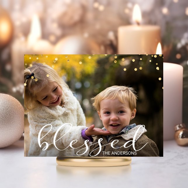 Modernes Gold Family BLESSESED Weihnachts-Foto Postkarte (Modern Gold Family BLESSED Christmas Photo Postcard)
