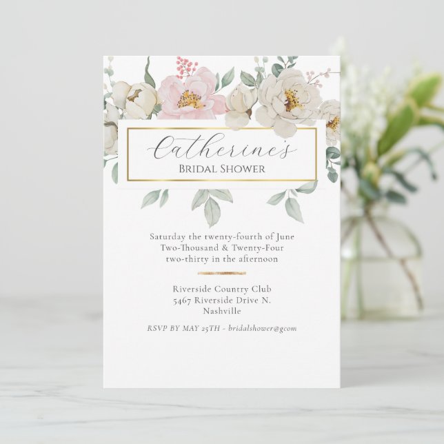 Modernes Gold Floral Brautparty Einladung (Stehend Vorderseite)