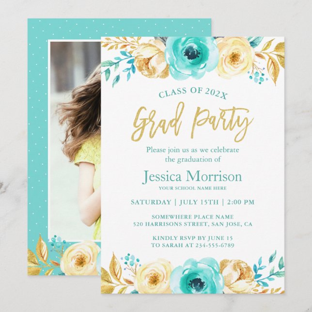 Modernes Gold Floral Girly Graduation Party Foto Einladung (Vorne/Hinten)