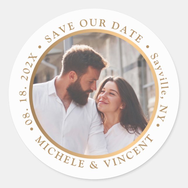 Modernes Gold-Foto Save the Date Runder Aufkleber (Vorderseite)