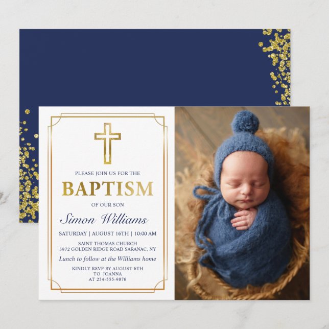 Modernes Gold Frame Glitzer Navy Blue Baptisc Foto Einladung (Vorne/Hinten)