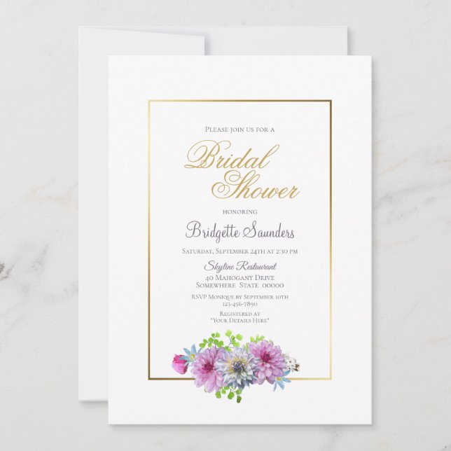 Modernes Gold Gerahmt Dahlia Floral Brautparty Einladung (Vorderseite)